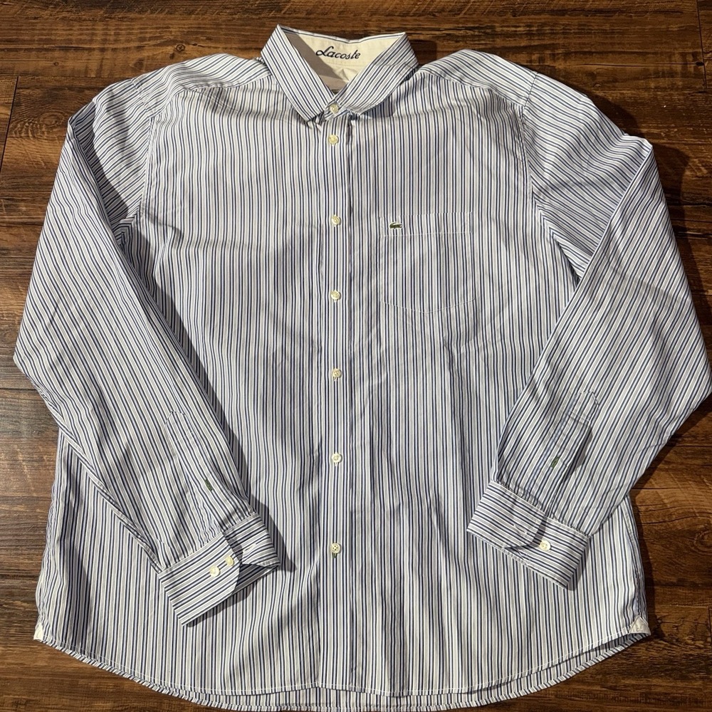 Lacoste Blue Striped Button Down Slim Fit Long Sleeve Button Down Shirt Mens 44